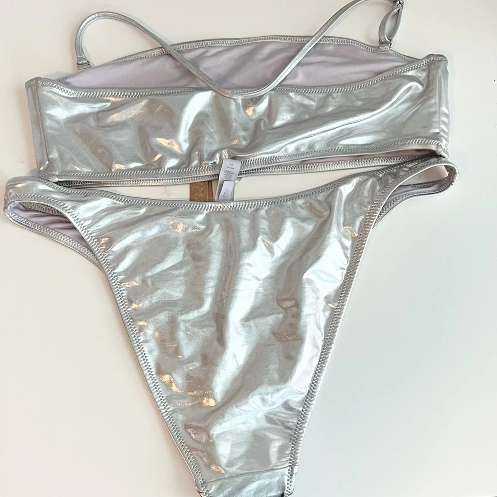 NWT SKIMS Metallic Silver Bandeau Bikini Set 2X